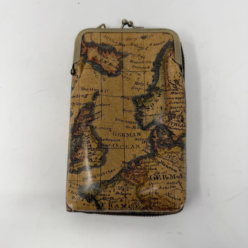 Patricia Nash Pertina Frame Crossbody Wallet European Map Kiss Lock Organizer